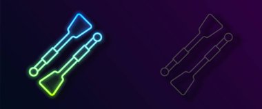 Parlayan neon hattı kürekler veya kürekler siyah arkaplanda izole edilmiş bir tekne simgesi. Vektör