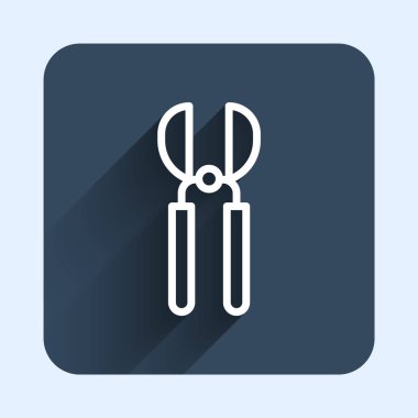 Beyaz çizgili bahçe makası uzun gölge arkaplanlı ikonu budamak için kullanılıyor. Ahşap saplı budama makası. Mavi kare düğme. Vektör