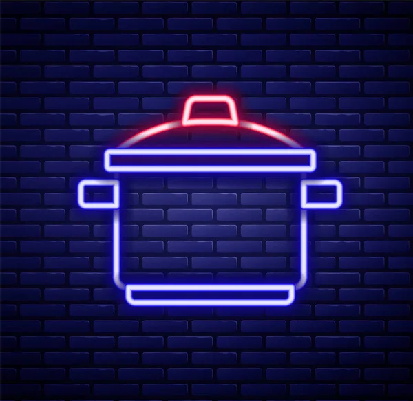 Glowing Neon Line Cooking Pot Icon Isolated Brick Wall Background — Stock Vector