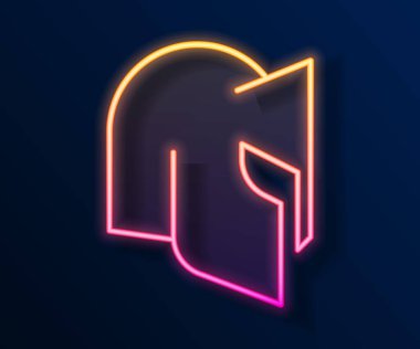 Siyah arka planda izole edilmiş baş koruma ikonu için parlayan neon hattı Ortaçağ demir miğferi. Şövalye miğferi Vektör