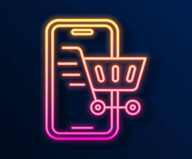 Parlayan neon hattı cep telefonu ve alışveriş arabası simgesi siyah arka planda izole edildi. İnternetten satın alma sembolü. Süpermarket sepeti sembolü. Vektör