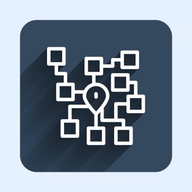 Beyaz çizgi sinirsel ağ simgesi uzun gölge arkaplanı ile izole edildi. Yapay zeka yapay zekası. Mavi kare düğme. Vektör