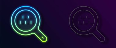 Siyah arka planda parlayan neon çizgisi büyüteç ve taksi ikonu izole edildi. Taksi araması. Vektör