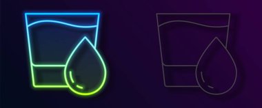 Siyah zemin üzerinde su ikonu olan parlak neon çizgisi. Soda bardağı. Vektör
