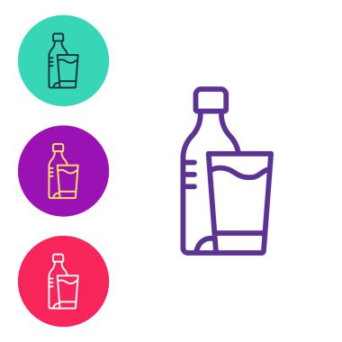 Beyaz zemin üzerinde cam simge olan bir şişe su ayarla. Soda su içme tabelası. Simgeleri renklendirin. Vektör