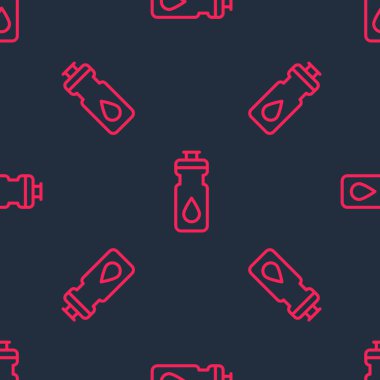 Kırmızı çizgi fitness sallama ikonu siyah arkaplanda izole edilmiş kusursuz desen. Su ve protein kokteylleri için kapaklı spor karıştırıcı şişesi. Vektör