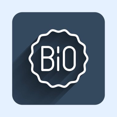 Beyaz çizgi Banner, etiket, etiket, biyoyeşil sağlıklı yiyecek simgesi için logo uzun gölge arkaplan izole. Organik ürün. Sağlıklı yemek etiketi. Mavi kare düğme. Vektör