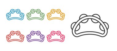 Beyaz zemin üzerinde metal plaka ikonu izole edilmiş müzikal enstrüman perküsyon tef ayarlayın. Simgeleri renklendirin. Vektör