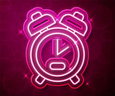 Parlayan neon hattı alarm saat simgesi kırmızı arkaplanda izole edildi. Uyan, kalk konsepti. Zaman işareti. Vektör