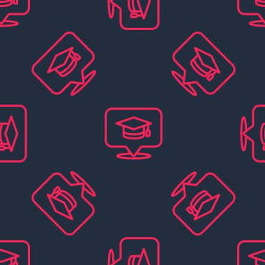 Konuşma baloncuğu simgesindeki kırmızı çizgi derecelendirme başlığı siyah arkaplandaki kusursuz deseni izole etti. Tassel ikonlu mezuniyet şapkası. Vektör