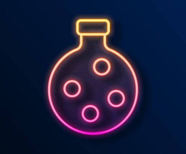 Siyah zemin üzerinde iksir ikonu olan parlak neon hattı şişesi. Sihirli iksirli matara. Mutlu Cadılar Bayramı Partisi. Vektör