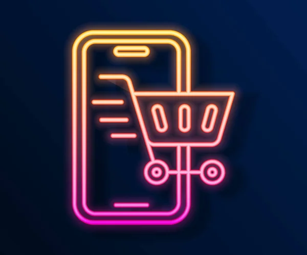 明亮的霓虹灯线手机和购物车图标隔离在黑色背景下 网上购物符号 超级市场篮子的象征 — 图库矢量图片