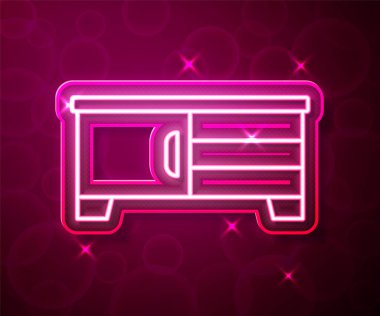 Parlayan neon hat TV masası simgesi kırmızı arkaplanda izole edildi. Vektör