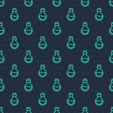 Sihirli ikon ikonlu yeşil çizgi cam şişe mavi arka planda izole edilmiş dikişsiz desen. Bilgisayar oyunu varlığı. Vektör