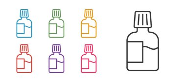 Ağız gargarası plastik şişe simgesini beyaz arkaplanda izole et. Ağzını çalkalamak için sıvı. Ağız bakım ekipmanları. Simgeleri renklendirin. Vektör