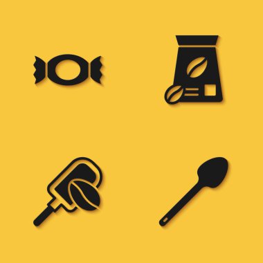 Şeker, çay kaşığı, kahve taneli Spatula ve uzun gölgeli Bag fasulyesi ikonu. Vektör