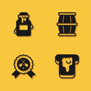 Bir kavanoz bal, ekmek, en iyi arı ve uzun gölgeli ahşap varil ikonu. Vektör