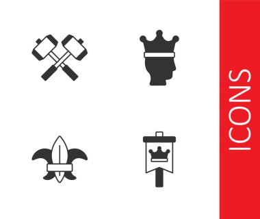 Ortaçağ bayrağı, çapraz savaş çekiçleri, zambak çiçeği ve Kral taç ikonu koyun. Vektör