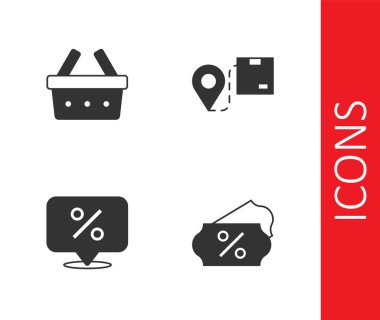 İndirimli yüzde etiketi, alışveriş sepetini ve karton kutu simgesiyle konumu ayarlayın. Vektör