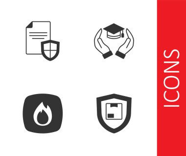 Teslimat güvenliğini kalkan, sözleşme, yangın alevi ve eğitim bursu ikonu ile ayarlayın. Vektör