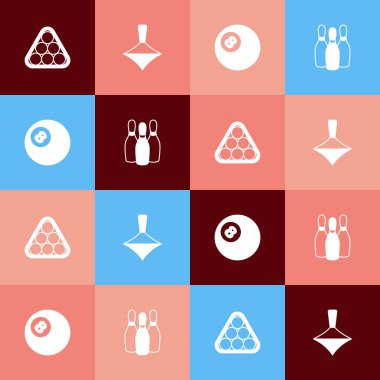 Pop sanat bilardo toplarını üçgene, Whirligig oyuncağına, bilardo bilardosuna ve bowling pin ikonuna ayarla. Vektör