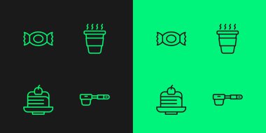 Çizgi kahve filtresi, kek, şeker ve fincanı simgeye dönüştür. Vektör