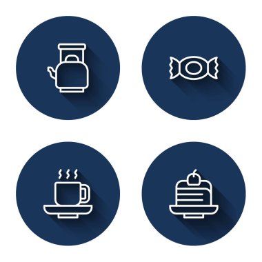 Kettle 'ı sap, Candy, kahve fincanı ve uzun gölgeli kek ile hizala. Mavi daire düğmesi. Vektör