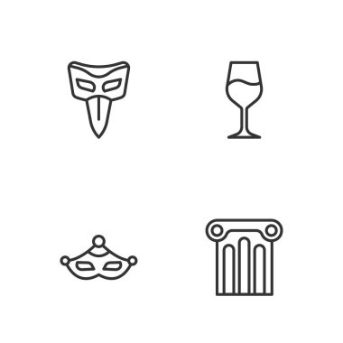 Kadim sütununu, karnaval maskesini ve şarap cam ikonunu ayarla. Vektör