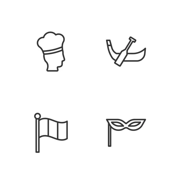 设置线狂欢节面具 意大利国旗 意大利厨师和贡多拉船标 — 图库矢量图片