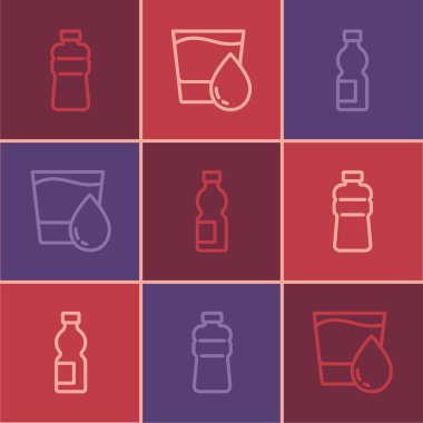 Bir şişe su ve ikonlu cam koyun. Vektör