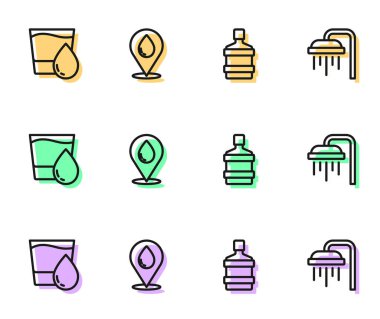 Büyük şişeye temiz su, cam, su damlası konumu ve duş ikonu koyun. Vektör