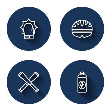 Boks eldivenleri, bisiklet kaskı, çapraz beyzbol sopası ve uzun gölgeli fitness sallayıcısı. Mavi daire düğmesi. Vektör