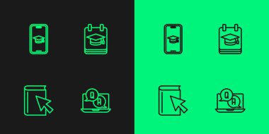 Online Sorular ve Cevaplar, Online kitap, Mezuniyet Şapkası Mobil ve Eğitim Simgesi. Vektör