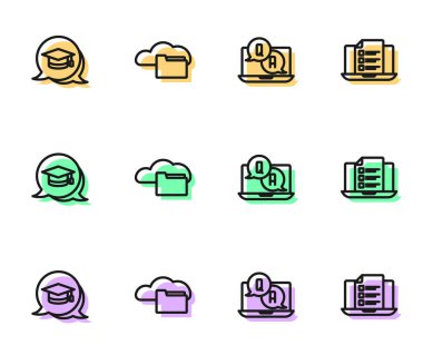 Soru ve Yanıt satırını ayarla, konuşma balonunda mezuniyet şapkası, Bulut ya da çevrimiçi kütüphane ve çevrimiçi sınav, test, araştırma simgesi. Vektör