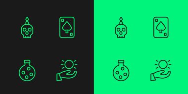 Çizgi Topun elinde yükselmesi, iksirle şişelenmesi, yanan mum kafatası ve iskambil simgesi. Vektör