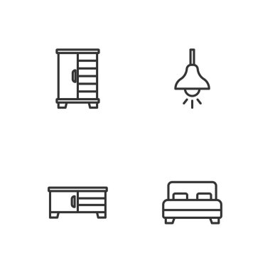 Büyük yatak, televizyon masası, gardırop ve lamba asılı ikonu. Vektör