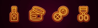 Tırnak cilası, krem ya da losyon kozmetik tüpü, aynalı makyaj tozu ve kirpik bigudi. Parlayan neon ikonu. Vektör