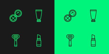 Çizgi ruj, tıraş bıçağı, aynalı makyaj pudrası ve krem losyon kozmetik tüp ikonu. Vektör