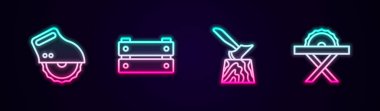 Elektrikli testere, tahta kutu, kütükte balta ve... Parlayan neon ikonu. Vektör