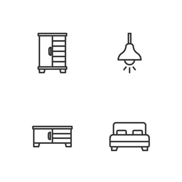 Set Line Großes Bett Tisch Kleiderschrank Und Lampe Hängen Symbol — Stockvektor
