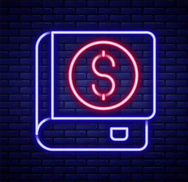 Parlayan neon hattı Finansal kitap ikonu tuğla duvar arka planında izole edildi. Renkli taslak konsepti. Vektör