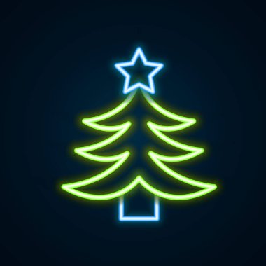 Parlayan neon hattı Noel ağacı simgesi siyah arkaplanda izole edilmiş. Mutlu Noeller ve mutlu yıllar. Renkli taslak konsepti. Vektör