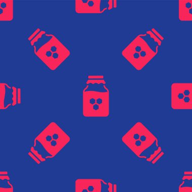 Kırmızı kavanoz bal ikonu mavi arka planda izole edilmiş kusursuz desen. Yiyecek bankası. Tatlı doğal gıda sembolü. Vektör