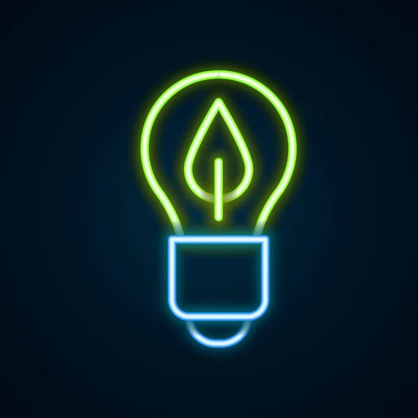 Glowing Neon Line Light Bulb Leaf Icon Isolated Black Background — Stock Vector