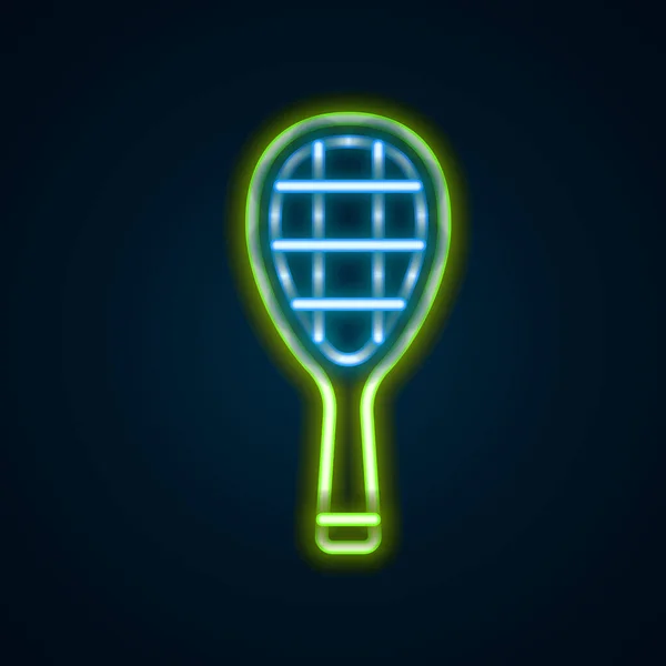 Lumineux Néon Ligne Raquette Tennis Icône Isolée Sur Fond Noir — Image vectorielle