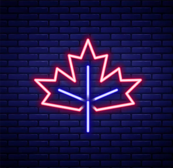Glowing Neon Line Canadian Maple Leaf Icon Isolated Brick Wall — Stock Vector