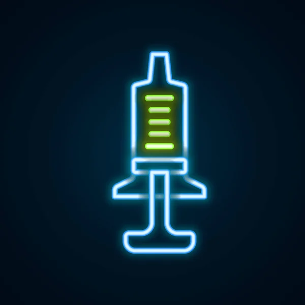 Linea Neon Incandescente Icona Siringa Isolata Sfondo Nero Siringa Vaccino — Vettoriale Stock