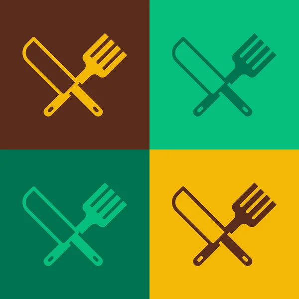 流行艺术交叉刀和叉子图标孤立的颜色背景 餐具的象征 — 图库矢量图片