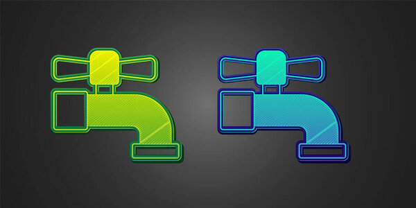 Green and blue Water tap icon isolated on black background.  Vector