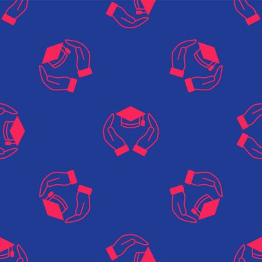 Kızıl Eğitim Bağış simgesi mavi arka planda izole edilmiş kusursuz desen. Okul ücreti, finansal eğitim, bütçe fonu, burs programı, mezuniyet şapkası. Vektör